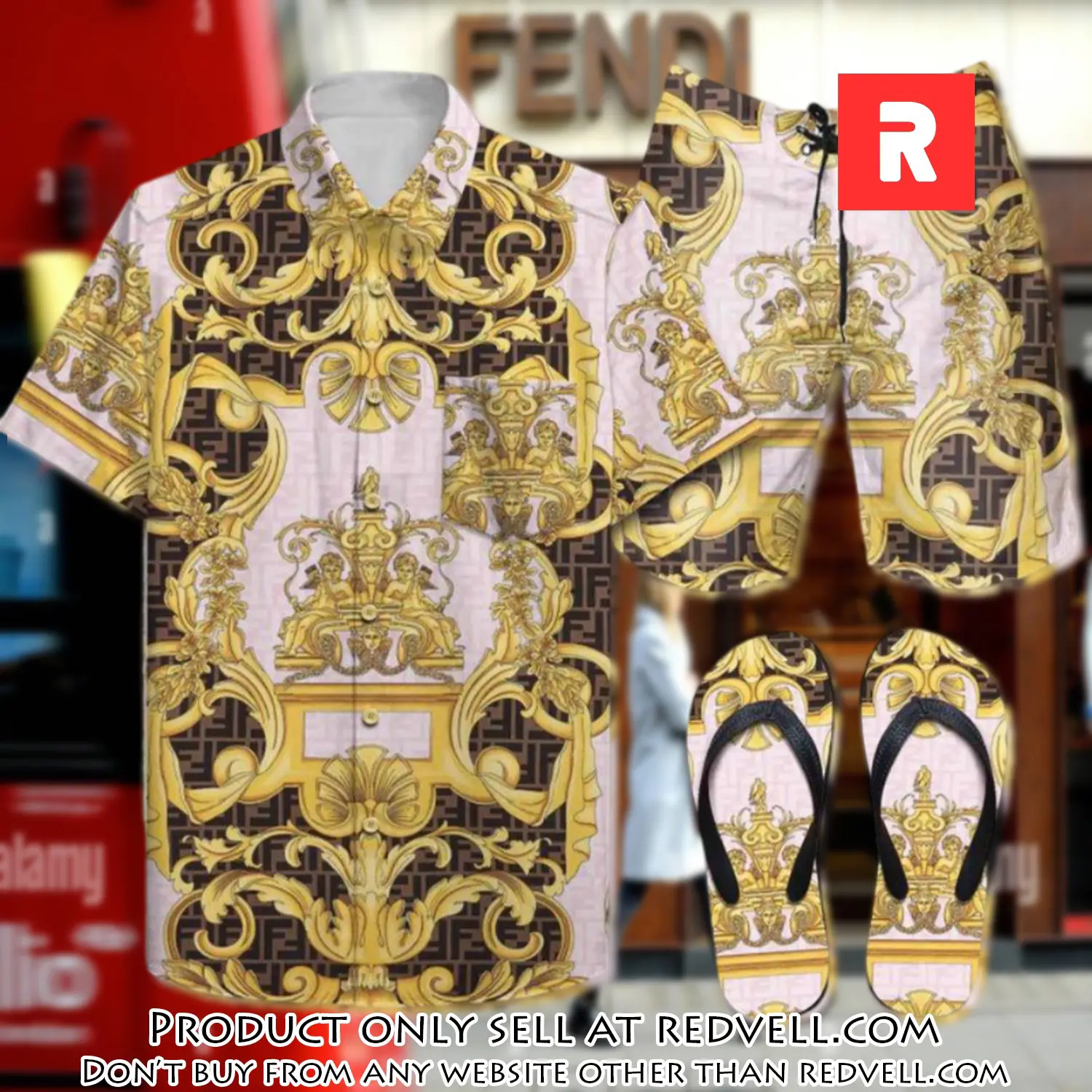 Fendi summer outfitsace flip flops and combo hawaii shirt shorts luxury brand summer outfit hsf318 rv4922384